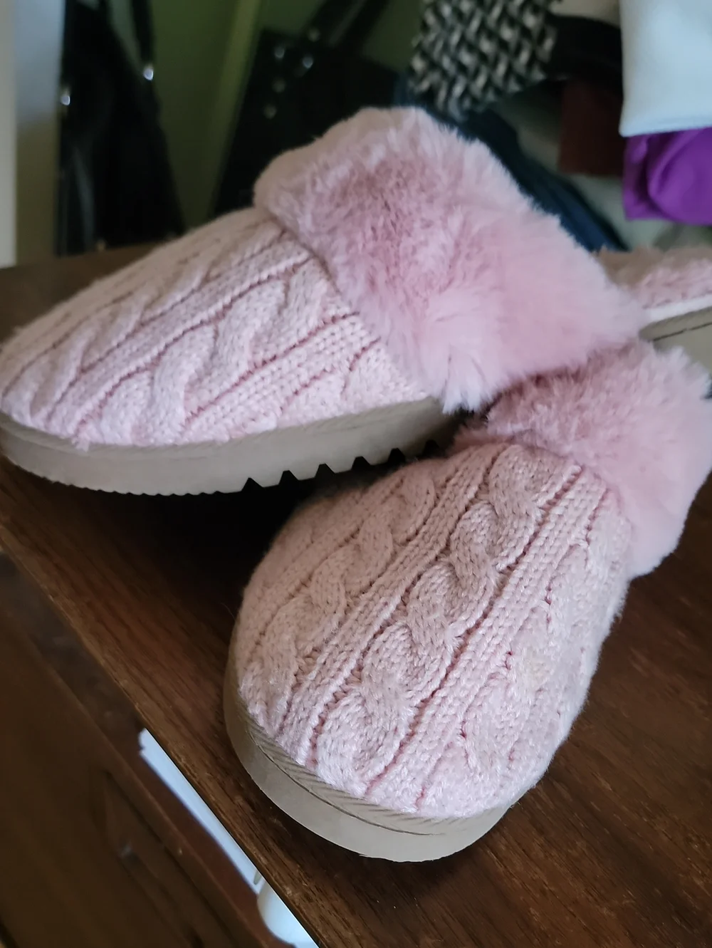 J Crew Cozy Knit Faux-Fur Lined Slip-On Slippers - Pink
